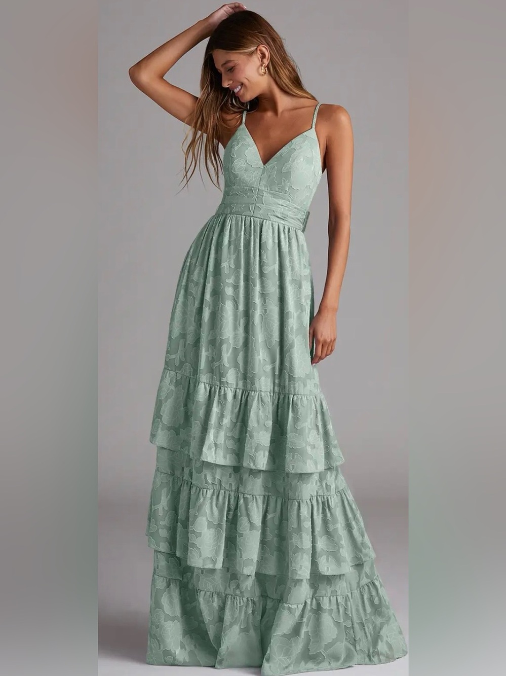 Azazie Sage Lace V-Neck Tiered Maxi Dress